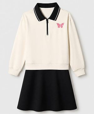 Pine Kids 100% Cotton Knit Winter Frock with Full Sleeves and Butterfly Print in White for 4-5 Years