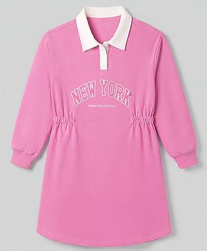 Pine Kids Cotton Knit Winter Dress with Full Sleeves and New York Print in Pink for 4-5 Years