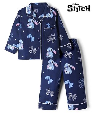 Bonfino Disney 100% Cotton Single Jersey Knit Full Sleeves Shirt & Pajama Night Suit with Bow & Stitch Print - Navy Blue