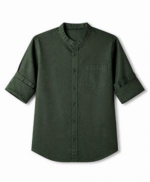 Pine Kids 100% Cotton Woven Solid Shirt with Full Sleeves in Olive Green