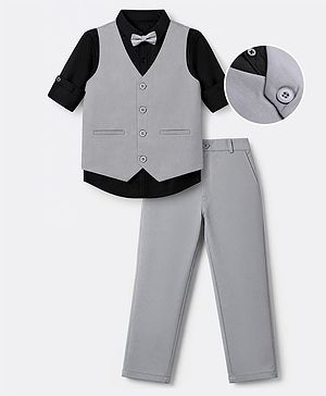 Pine Kids Knit Three-Piece Full Sleeves Party suits With Bow - Grey