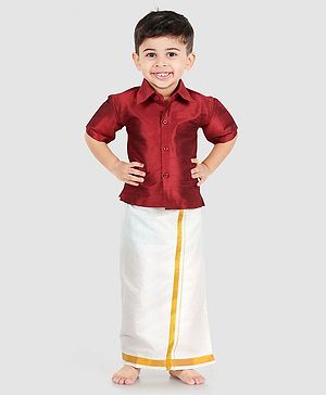 Babyhug Half Sleeve Shirt & Mundu Set - Maroon White