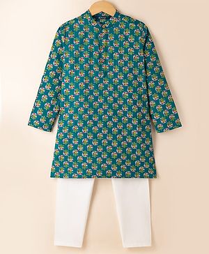 Pine Kids 100% Cotton Woven Full Sleeves Kurta and Pyjama with Floral Print in Light Green for 4-5 Years