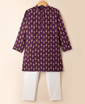 Pine Kids 100% Cotton Woven Full Sleeves Kurta and Pyjama Set with Flower Buds Print in Maroon