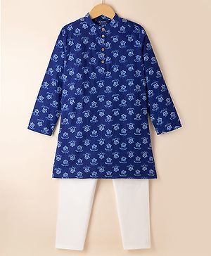 Pine Kids Cotton Woven Full Sleeves Kurta and Pyjama with Floral Print in Blue for 4-5 Years
