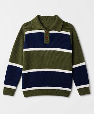 Pine Kids Knit Pullovers with Full Sleeves and Striped Design in Green