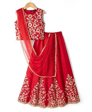 Pine Kids Woven Lehenga Sleeveless Choli Dupatta and Floral Vines Embroidery in Dark Red