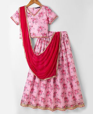 Pine Kids Woven Half Sleeves Choli & Lehenga Set with Floral Print & Dupatta in Pink