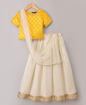 Pine Kids Woven Half Sleeves Choli and Lehenga with Dupatta with Paisley Print in Yellow and Off-White for 4-5 Years