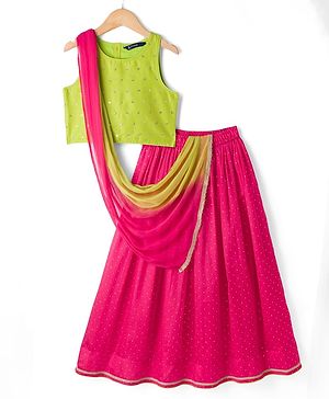 Pine Kids Woven Choli and Lehenga with Dupatta and Full Length and Foil Print in Light Green for 4-5 Years