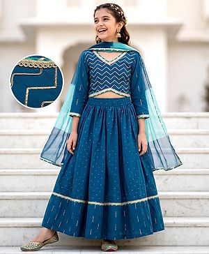 Pine Kids Woven Lehenga Choli with Dupatta Full Sleeves and Chevron Foil Print in Teal Blue