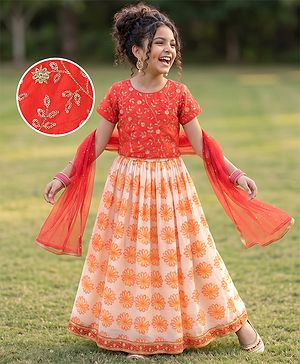 Pine Kids Woven Lehenga Choli & Dupatta with Half Sleeves and Floral Print in Orange