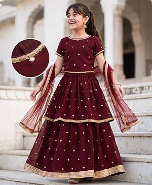 Pine Kids Woven Half Sleeves Choli and Lehenga with Dupatta Full Length and Sequins Embroidery in Wine