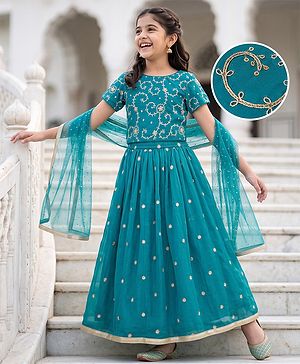 Pine Kids Woven Half Sleeves Choli and Lehenga with Dupatta and Floral Embroidery with Sequins - Sea Green