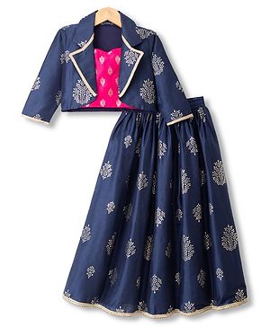 Pine Kids Woven Sleeveless Printed Choli & Lehenga Set With Jacket - Navy Blue
