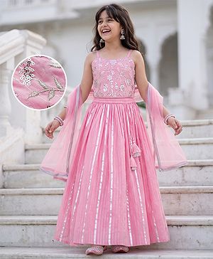 Pine Kids Woven Singlet Choli and Lehenga with Dupatta and Floral Embroidery with Sequins - Pink