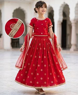 Pine Kids Woven Half Sleeves Choli Lehenga Dupatta with Floral Embroidery Red