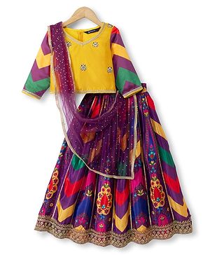Pine Kids Woven Full Sleeves Choli and Lehenga with Dupatta and Floral Print and Sequins - Yellow