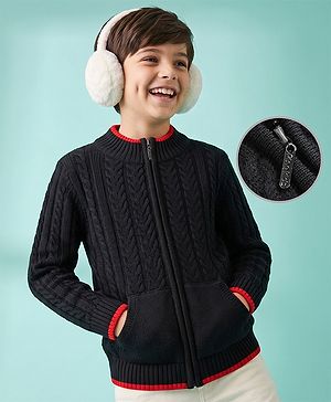 Pine Kids Knit Full Sleeves Front Open Sweater with Cable Knit Design - Black