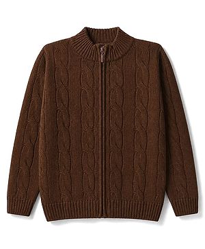 Pine Kids Knit Full Sleeves Front Open Sweater with Cable Knit Design - Brown