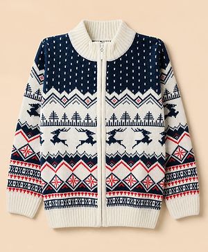 Pine Kids Knit Front Open Sweater with Full Sleeves and Abstract Design - Navy Blue