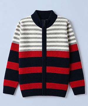 Pine Kids Knit Front Open Sweater with Full Sleeves and Striped Design - Red