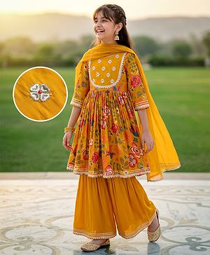 Pine Kids Woven Three Fourth Sleeves Kurti, Sharara and Dupatta with Floral Print in Mustard