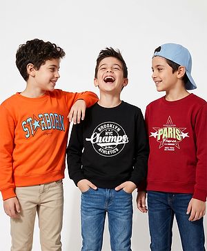 Pine Kids Cotton Mixes Knit Sweatshirts with Full Sleeves and Starborn Champs Paris Print Pack of 3 - Orange Red Black