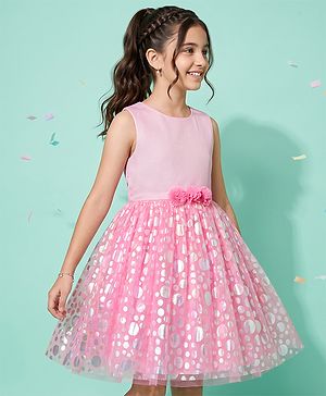 Pine Kids Woven Sleeveless Sequinned Party Dress With Floral Applique - Pink