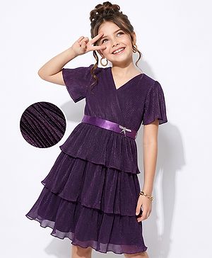Pine Kids Woven Half Sleeves Party Dress With Tie Up - Purple