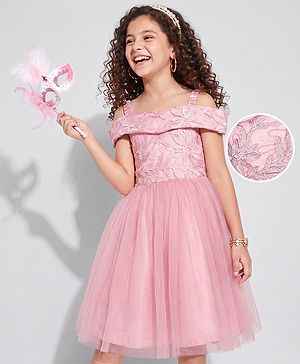Pine Kids Woven Half Sleeves Party Dress With Floral Embroidery - Mauve