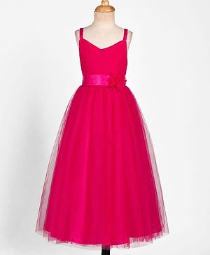 Pine Kids Woven Sleeveless Solid Party Gown With Floral Applique - Dark Pink