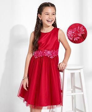 Pine Kids Woven Sleeveless Party Dress With Sequinned Floral Applique - Dark Pink