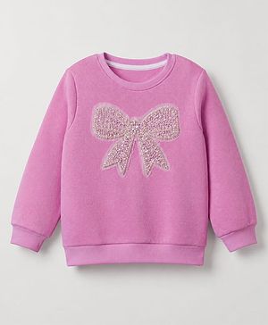 Pine Kids Cotton Mix Knit Sweatshirt with Full Sleeves and Bow Sequins in Pink