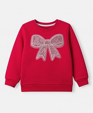 Pine Kids Cotton Mix Knit Sweatshirt with Full Sleeves and Bow Sequins Detailing in Red