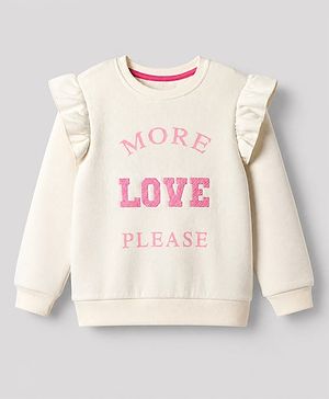 Pine Kids Knit Sweatshirt with Full Sleeves and More Love Please Embroidery in Offwhite