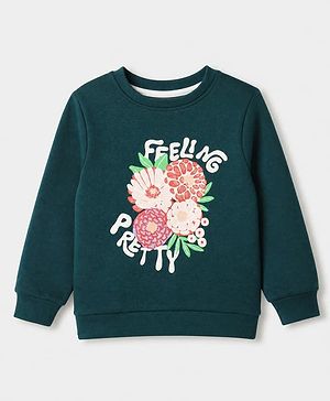 Pine Kids Cotton Mix Knit Sweatshirt with Full Sleeves and Floral Print in Dark Green