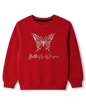 Pine Kids Cotton Mix Knit Sweatshirt with Full Sleeves and Butterfly Print in Red