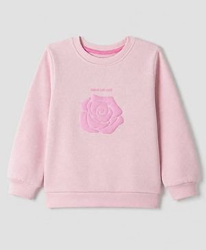 Pine Kids Cotton Knit Sweatshirt with Full Sleeves and Rose Patch in Pink