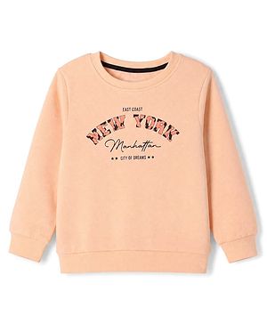 Pine Kids Cotton Mix Knit Sweatshirt with Full Sleeves and New York Print in Peach