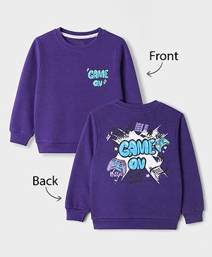Pine Kids Cotton Knit Sweatshirt with Full Sleeves and Game On Front & Back Print in Purple