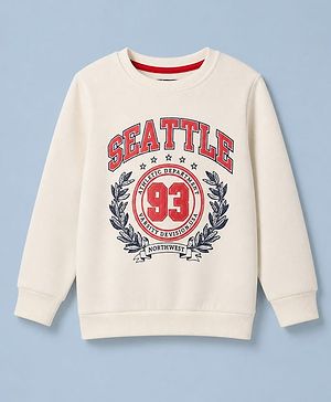Pine Kids Cotton Mix Knit Sweatshirt with Full Sleeves and Seattle Athletic Department Print in Offwhite
