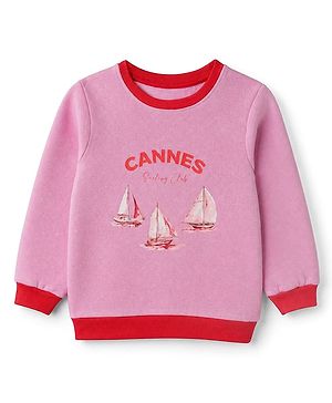 Pine Kids Cotton Mix Knit Sweatshirt with Full Sleeves and Sailboats Print in Pink