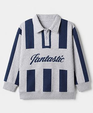 Pine Kids Cotton Mix Knit Sweatshirt with Full, Drop Shoulder Sleeves, Fantastic Print and Striped Print in Grey