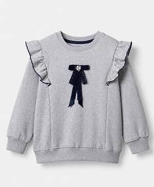 Pine Kids Cotton Mix Knit Sweatshirt with Full Sleeves and Bow Applique in Grey