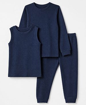 Pine Kids Cotton Blend Knit Full Sleeves Solid Colour Thermal Wear Set with Vest - Navy Blue
