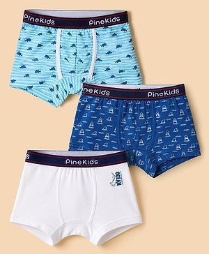 Pine Kids Cotton Elastane Knit Trunks With Sea life Print Pack of 3 - Blue & White