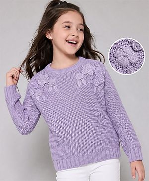 Pine Kids Pullover with Full Sleeves and Floral Embroidery in Lilac