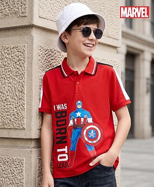 Pine Kids Marvel 100% Cotton Knit Polo T-Shirt with Half Sleeves and Captain America Print in Red for 4-5 Years
