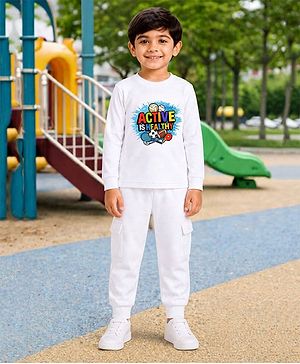Palgrave Cotton Knit Full Sleeves Active Is Healthy Text Printed Tee & Joggers Set - White